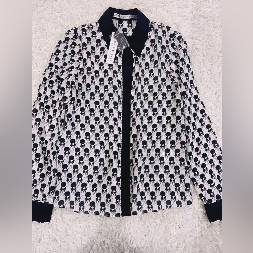 NWT $375 Alice + Olivia Willa Graphic Silk Button-Up Shirt Blouse - Picture 6 of 8